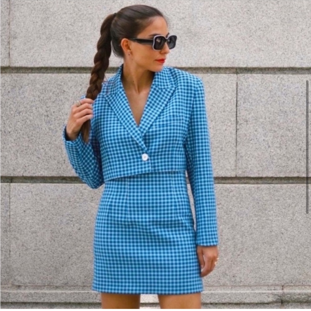 Zara Blue Checkered Blazer and Skirt Set